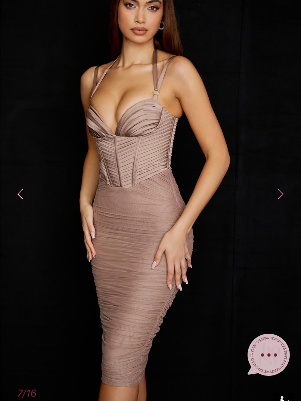 House of CB Taupe Ruched Bustier Midi Dress - Picture 3 of 5